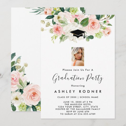Blush Floral Graduation Invitations Kaart (Voorkant / Achterkant)