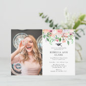 Blush Floral Greenery Custom Foto Afstuderen Kaart (Staand voorkant)