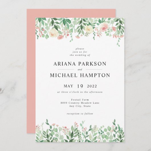 Blush Floral Greenery faire-part de mariage 4196 (Devant / Derrière)