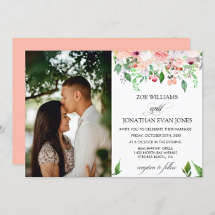 Blush Floral Greenery Personalized Photo Wedding Kaart