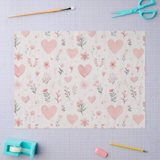 Blush Floral Heart Pattern Tissue Paper Tissuepapier (Craft)