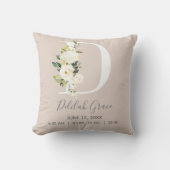 Blush Floral Letter D Monogram Baby Birth Stats Kussen (Voorkant)
