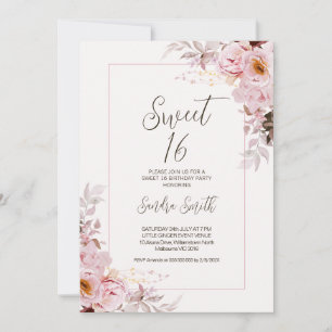 Blush Floral Lijst Sweet 16 Verjaardagsuitnodiging Kaart