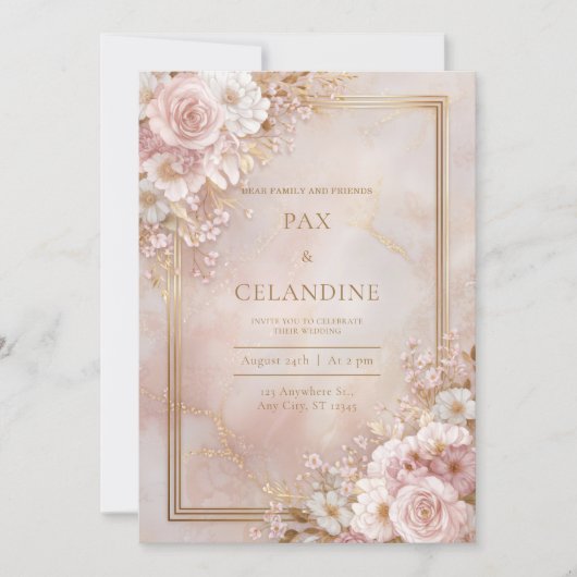 Blush Floral Marble Gilded Frame Wedding Kaart (Voorkant)