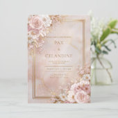Blush Floral Marble Gilded Frame Wedding Kaart (Staand voorkant)