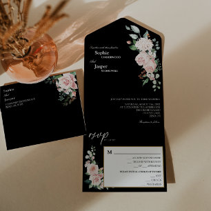 Blush Floral Mariage noir tout en une invitation