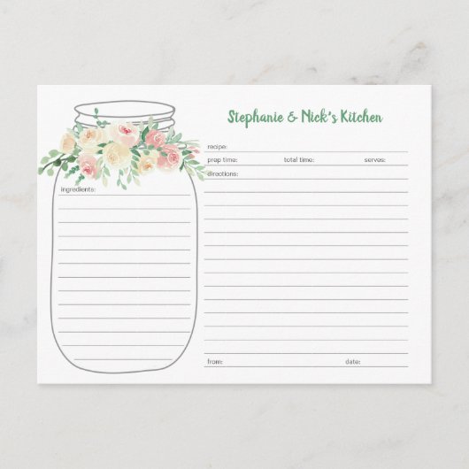 Blush Floral Mason Jar Newlysée Recette Cartes (Devant)