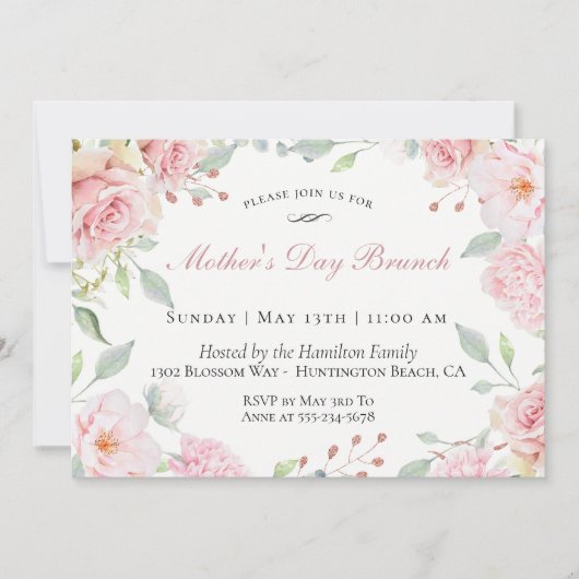 Blush Floral Moederdag Brunch Invitation Kaart (Voorkant)