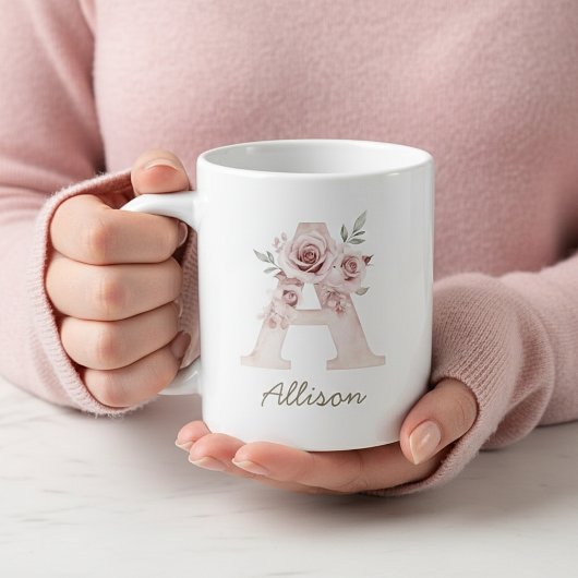 Blush Floral Monogram Feminine Mug - Letter A Extra Grote Beker