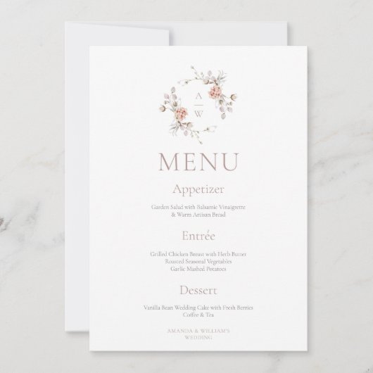 Blush Floral Monogram Two-Sided Wedding Menu Kaart (Voorkant)