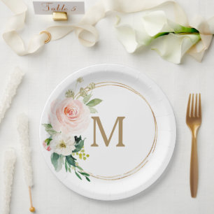 Blush Floral Monogram Vrijgezellenfeest Papier Bor Papieren Bordje