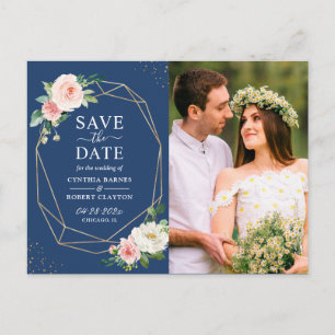 Blush Floral Navy Blue Geo Lijst Save the Date Briefkaart