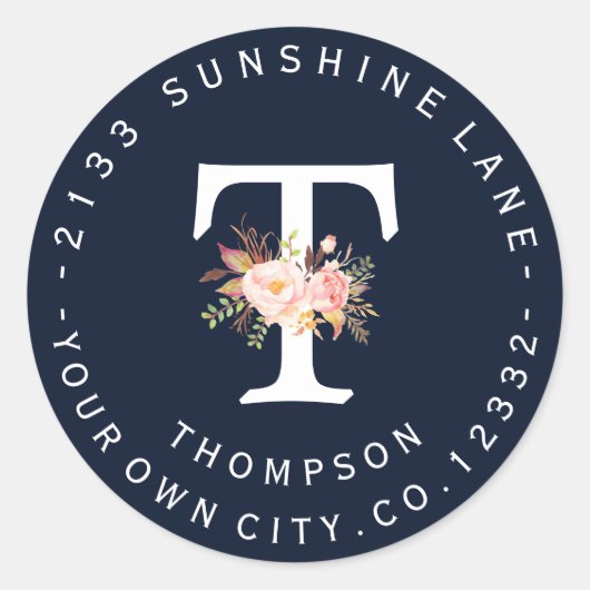 Blush Floral Navy Blue Monogram Étiquette de adres (Devant)