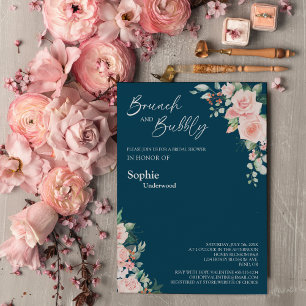 Blush Floral Navy Bridal Brunch en Bubble Kaart