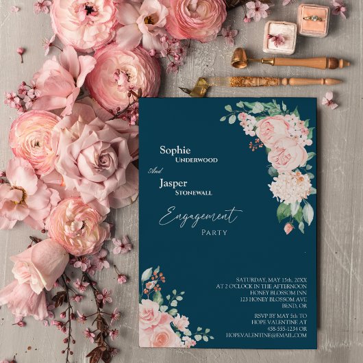 Blush Floral Navy Engagement Party Kaart