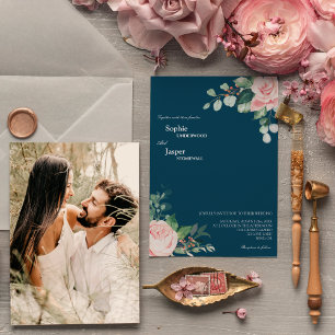 Blush Floral Navy Foto Weddenschap Kaart