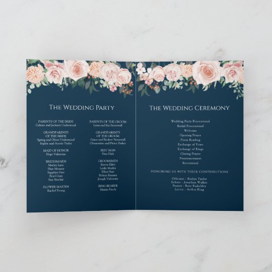 Blush Floral Navy Mariage Folle Programme (Intérieur)