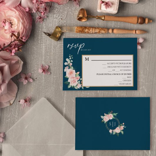 Blush Floral Navy Menu Mariage Carte RSVP