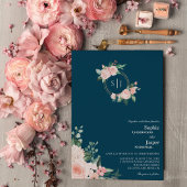 Blush Floral Navy Monogram Faire-part de mariage