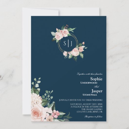 Blush Floral Navy Monogram Faire-part de mariage (Devant)