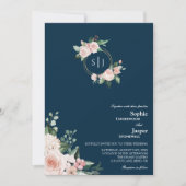 Blush Floral Navy Monogram Weddenschap Kaart (Voorkant)