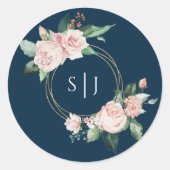 Blush Floral Navy Monogram Wedding Sticker (Voorkant)
