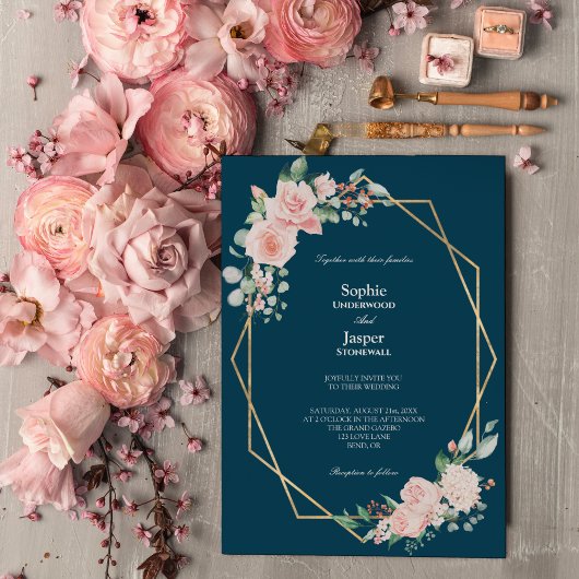 Blush Floral Navy simple Faire-part de mariage