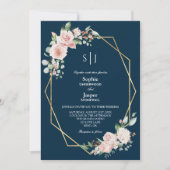 Blush Floral Navy Simple Monogram Details bruiloft Kaart (Voorkant)