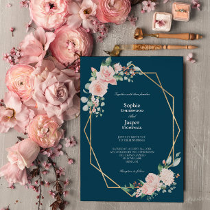 Blush Floral Navy Simple Wedding Invitation Kaart