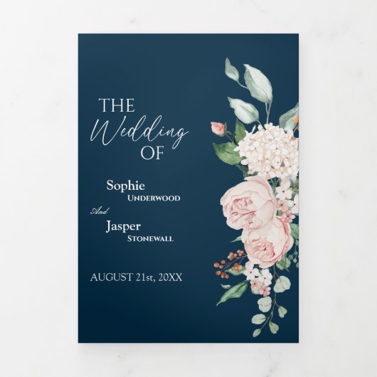 Blush Floral Navy Tri-Fold Wedding Invitation Drieluik Uitnodiging (Cover)