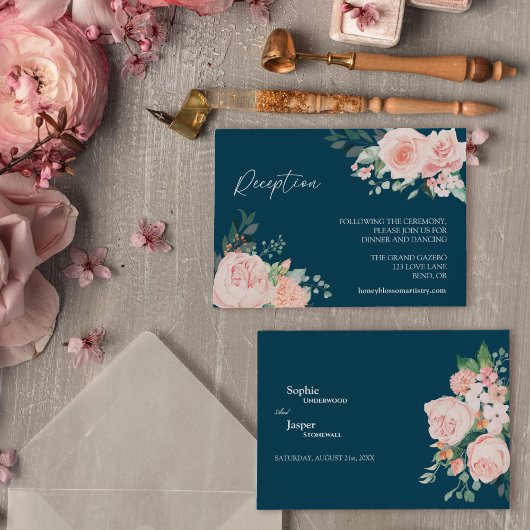 Blush Floral Navy Weddenschap Informatiekaartje