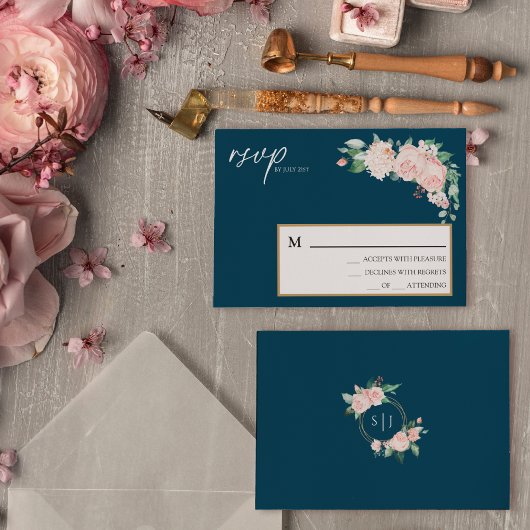 Blush Floral Navy Weddenschap Simple RSVP Card