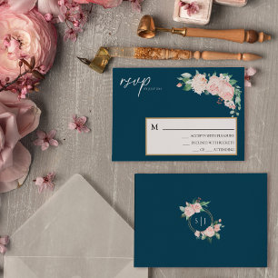 Blush Floral Navy Weddenschap Simple RSVP Card Kaartje