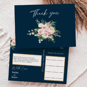 Blush Floral Navy Wedding Dank u Briefkaart