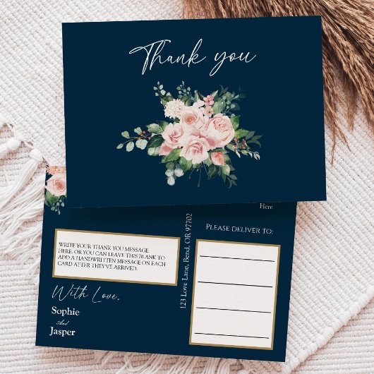 Blush Floral Navy Wedding Dank u Briefkaart
