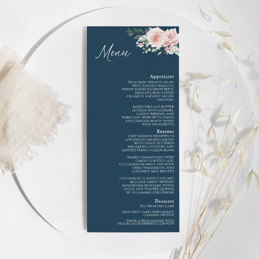 Blush Floral Navy Wedding Flat Menu