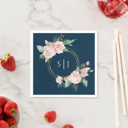 Blush Floral Navy Wedding Monogram Napkins Servet (Insitu)