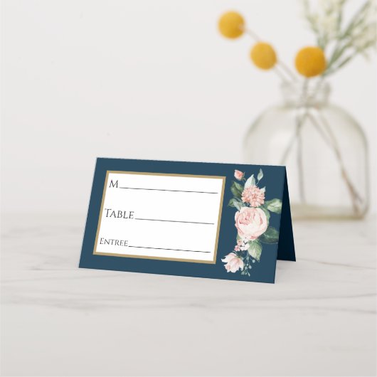 Blush Floral Navy Wedding Place Card (Voorkant)