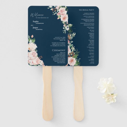 Blush Floral Navy Wedding Program Fan Handwaaier (Voorkant en achterkant)
