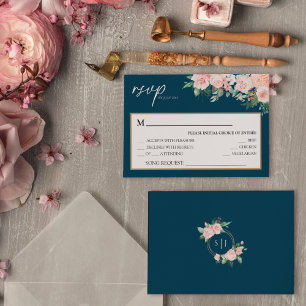 Blush Floral Navy Wedding Song Request RSVP-kaart RSVP Kaartje