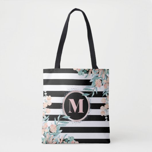 Blush Floral op zwart-wit Stripe Monogram Draagtas (Voorkant)