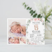 Blush Floral Owl Nouveau Faire-part de naissance p (Debout devant)