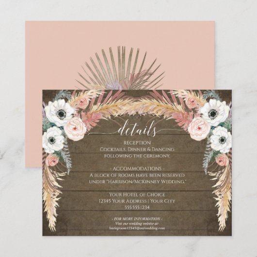 Blush Floral Pampas Grass Rustic Wedding Details Kaart (Voorkant / Achterkant)