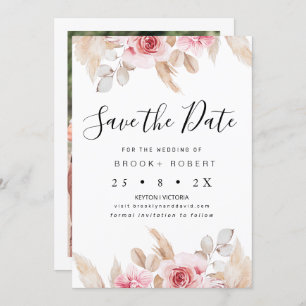 Blush Floral Pampas Wedding Save the Date Kaart