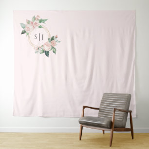 Blush Floral Pink Monogram Weduwfoto Achtergrond Wandkleed