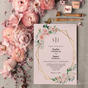 Blush Floral Pink Simple Monogram Weddenschap Kaart