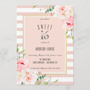 Blush Floral Pink Stripe Sweet Sixteen Birthday Kaart
