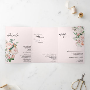 Blush Floral Pink Tri-Fold Wedding Invitation Drieluik Uitnodiging