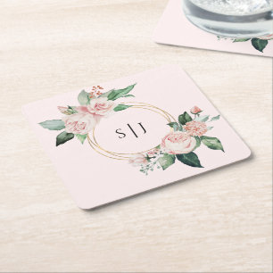 Blush Floral Pink Weddenschap Monogram Vierkante Kartonnen Onderzetter