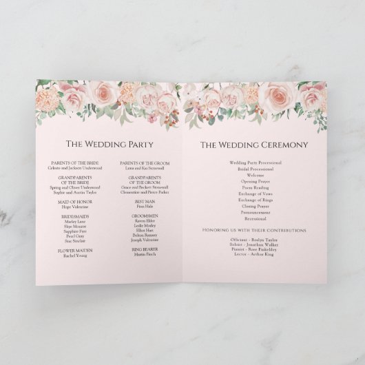 Blush Floral Pink Wedding Folded Programme Programma (Binnen)